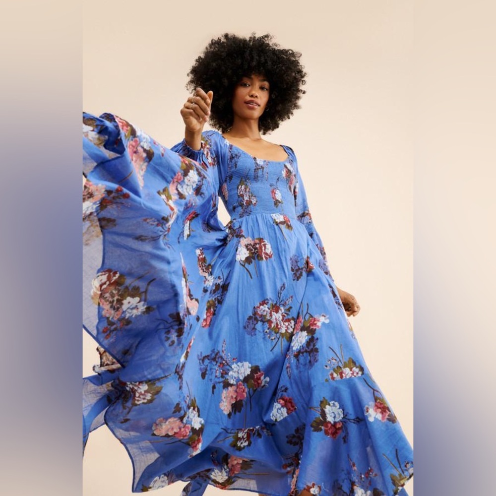 MWT Free People Morning Glory Floral Smocked Long Sleeve Maxi Dress Women S